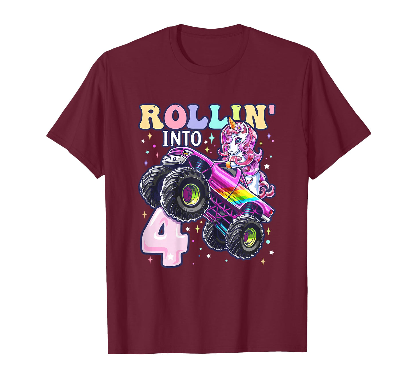 Unicorn Monster Truck 4th Birthday 4 Year Old Girls Party T-Shirt