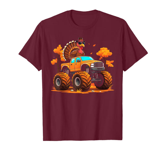 Turkey riding monster truck thanksgiving fall kids T-Shirt