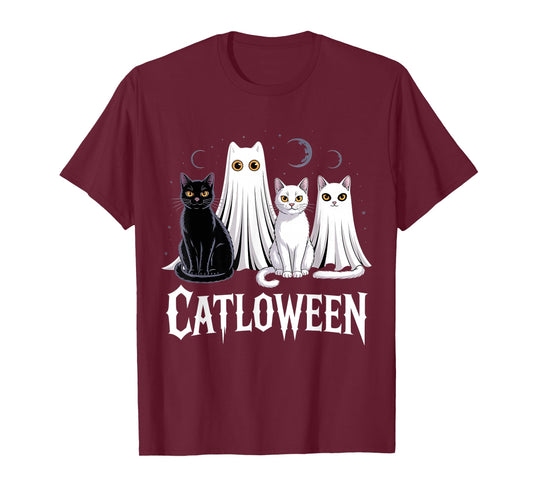 Spooky Ghost Cats Catloween Pumpkin Cute Black Cat Halloween T-Shirt
