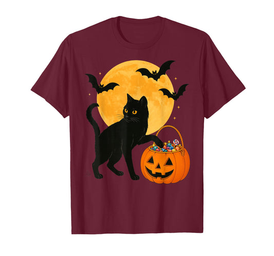 Halloween Funny Black Cat Pumpkin With Sweet Candy And Moon T-Shirt