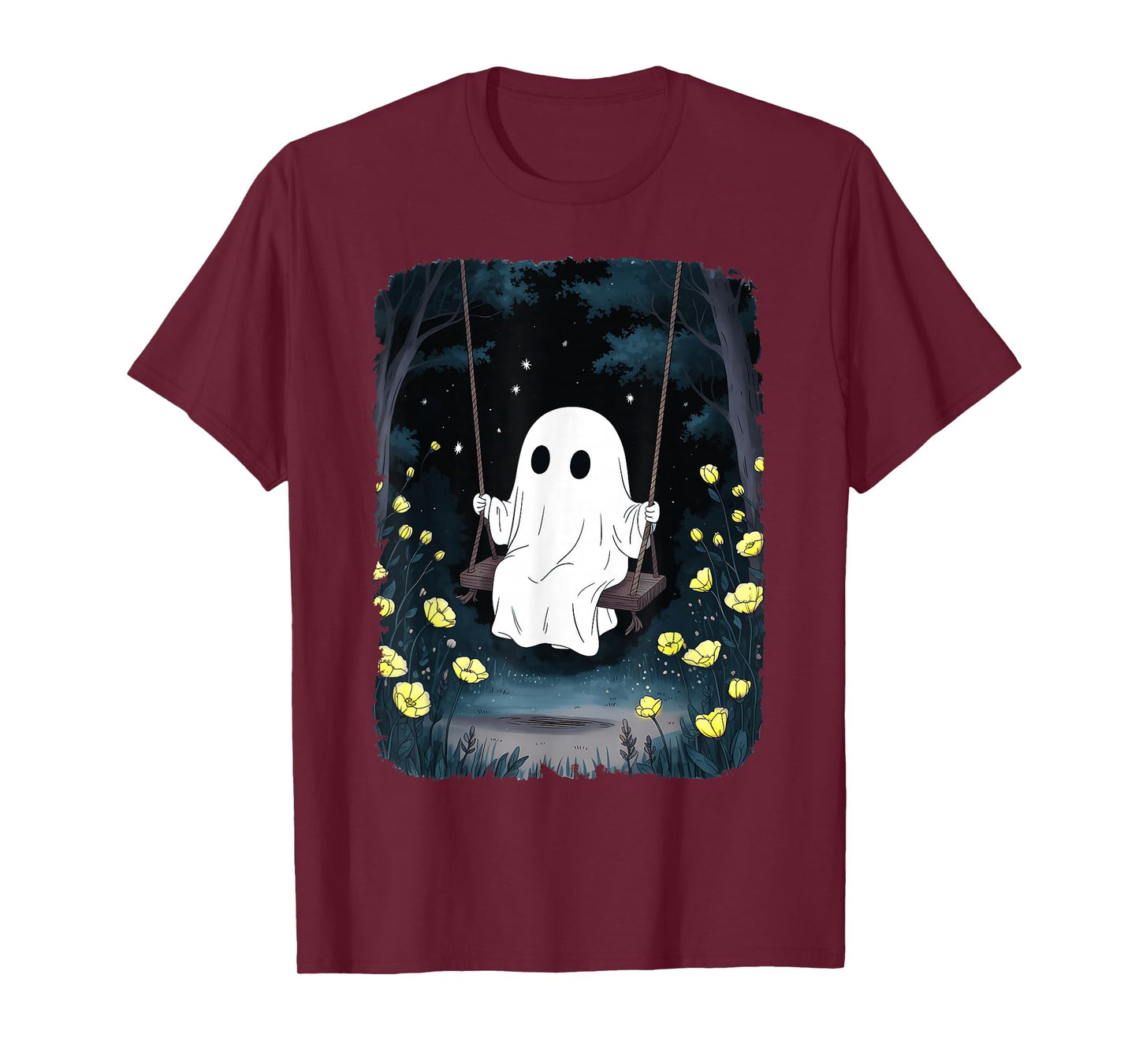 Vintage Ghost Swinging in Forest Night Halloween Floral T-Shirt