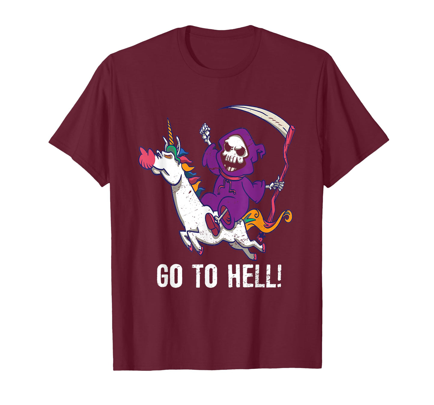 Go To Hell Spooky Grim Reaper Riding A Unicorn Skeleton T-Shirt