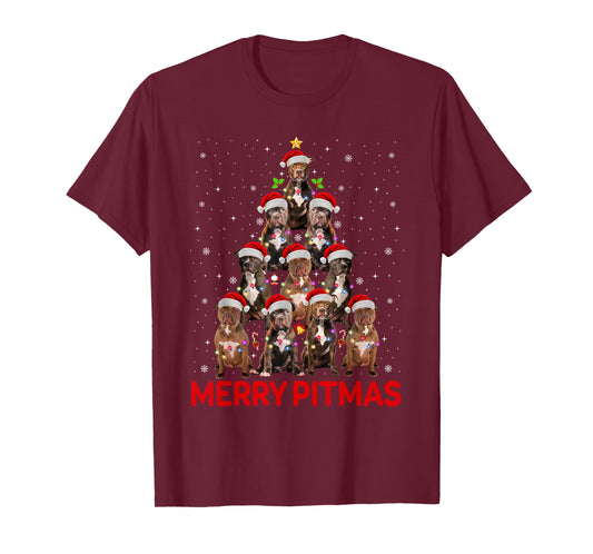 Merry Pitmas Pitbull Dog Christmas Tree Funny Xmas Dog Lover T-Shirt