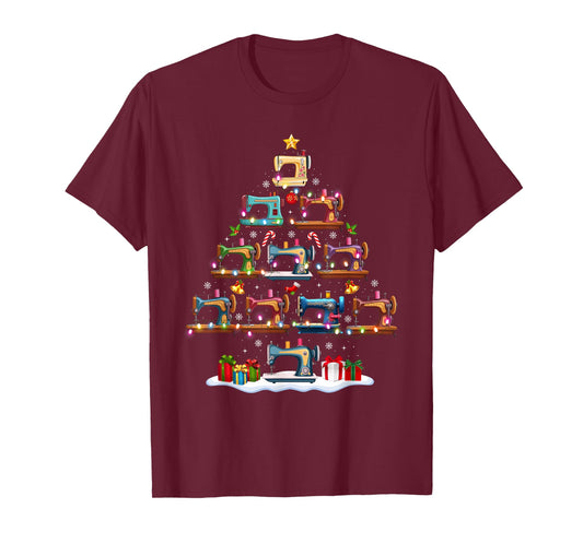 Sewing Machine Christmas Tree Lights Santa Hat Xmas Pajamas T-Shirt