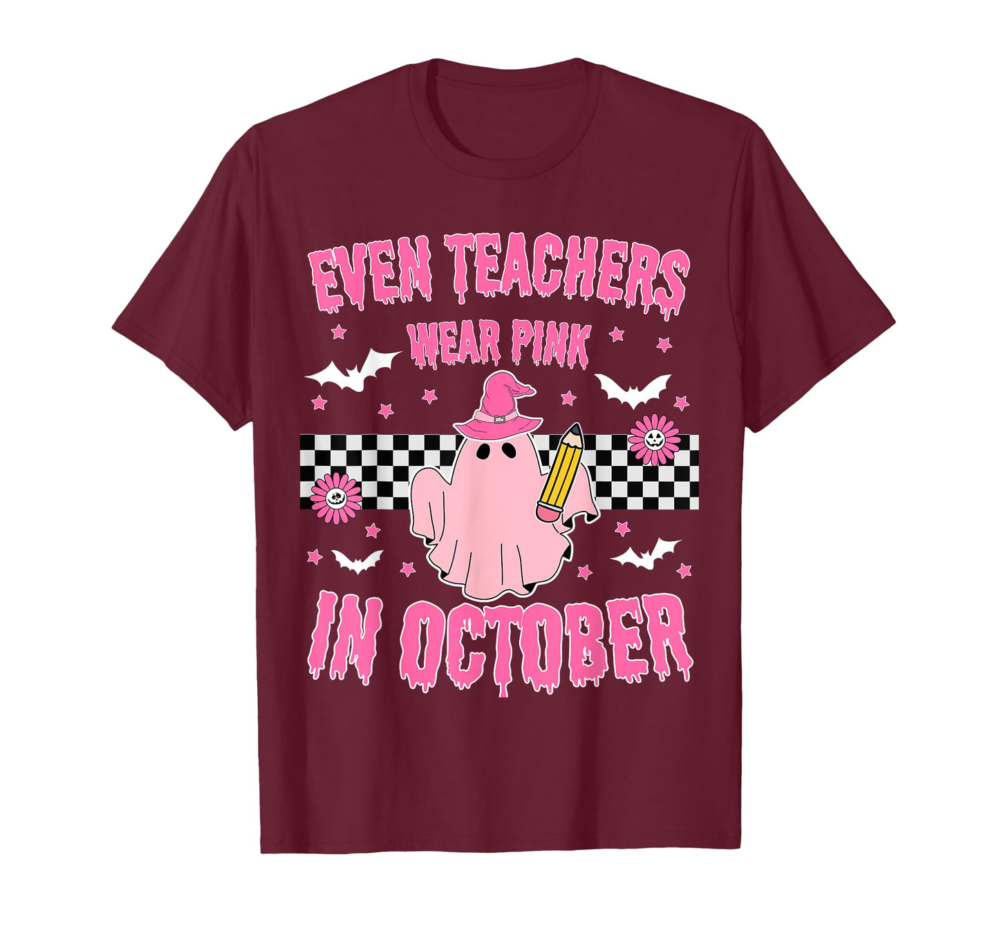 Even Teachers Wear Pink in October Halloween Breast Cancer T-Shirt