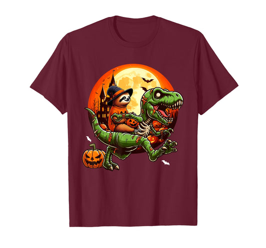 Sloth Riding Horror T-rex As Zombie Halloween Kids Toddler T-Shirt