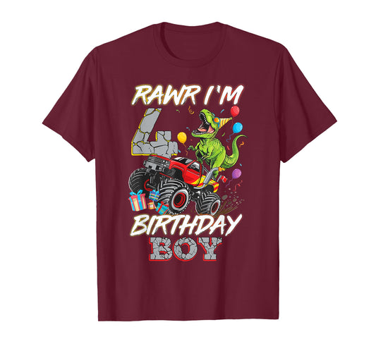 4th Birthday Boy Monster Truck Dinosaur Rawr I'm 4 Year Old T-Shirt