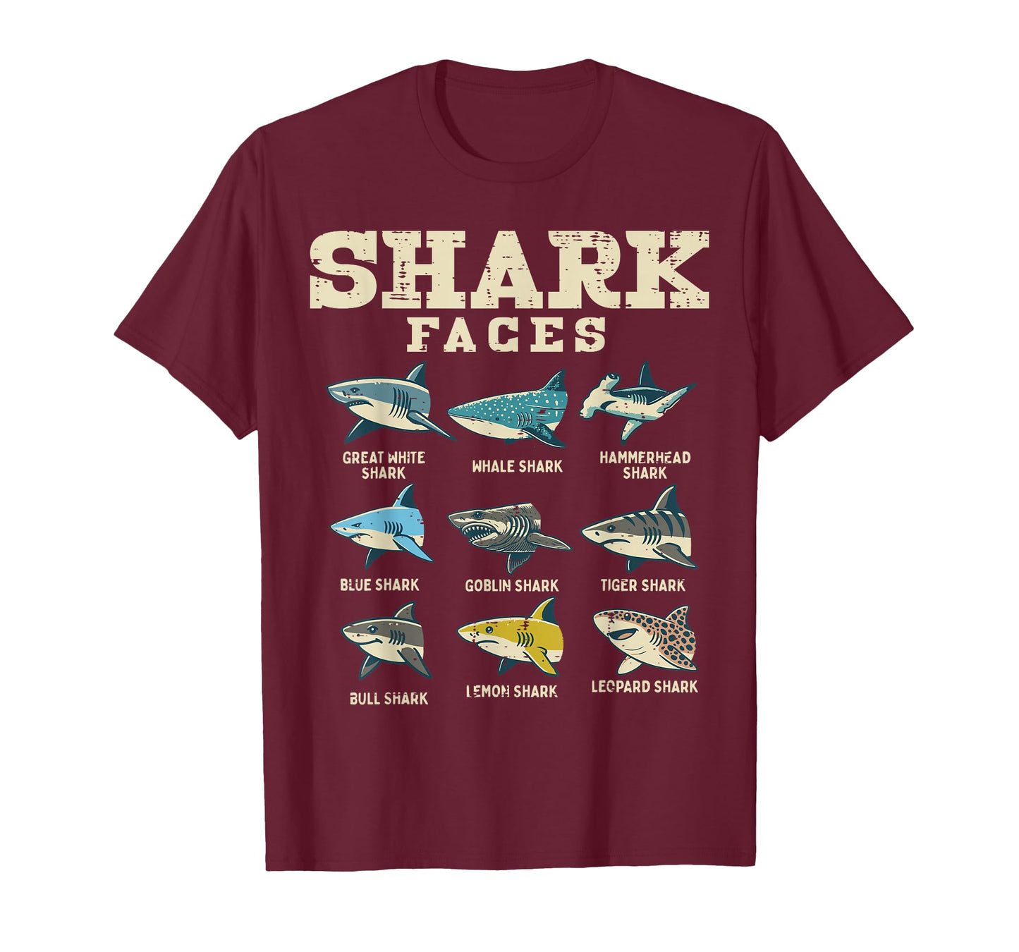 Shark Faces Species Sea Creature Ocean Life Men Women Kids T-Shirt