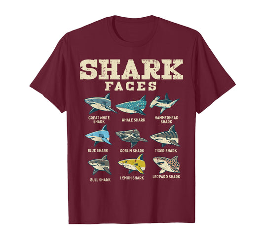 Shark Faces Species Sea Creature Ocean Life Men Women Kids T-Shirt