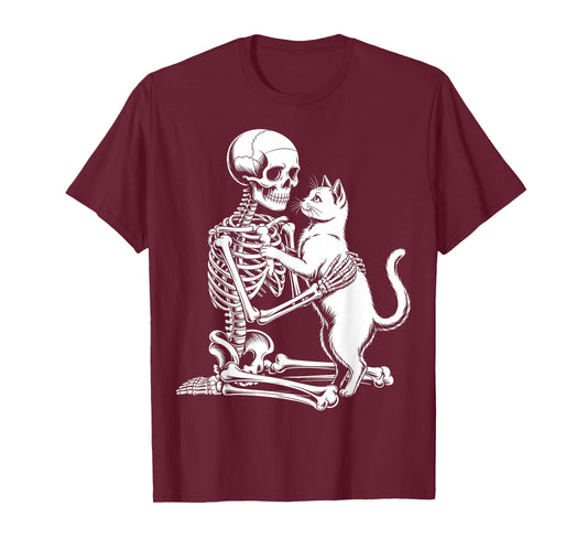 Skeleton Holding A Cat Shirt Lazy Halloween Costume Skull T-Shirt