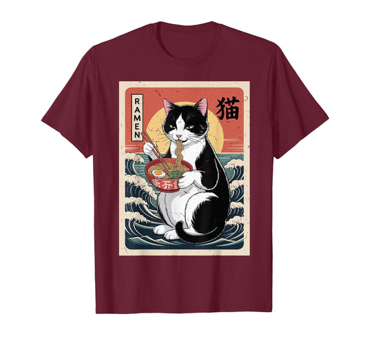 Funny Fat Tuxedo Cat Eating Ramen Kawaii Japanese Mom Dad T-Shirt