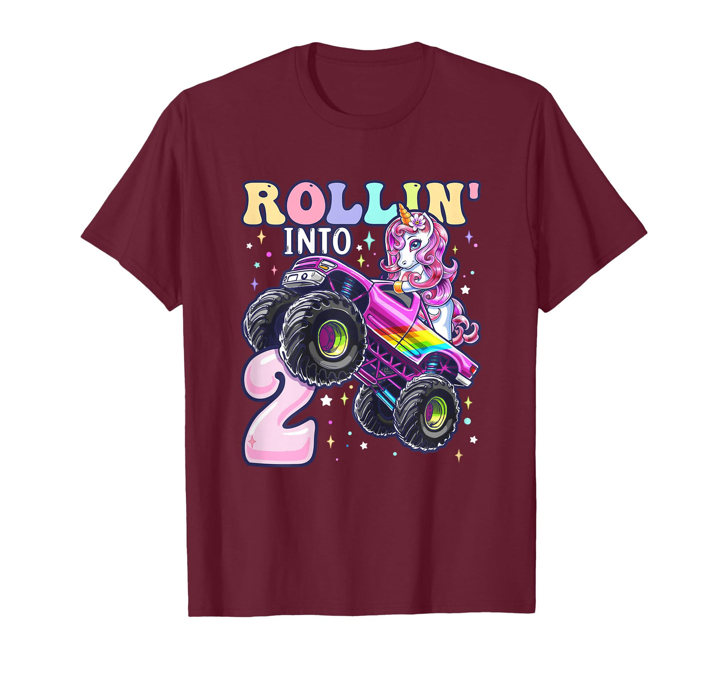 Unicorn Monster Truck 2nd Birthday 2 Year Old Girls Party T-Shirt