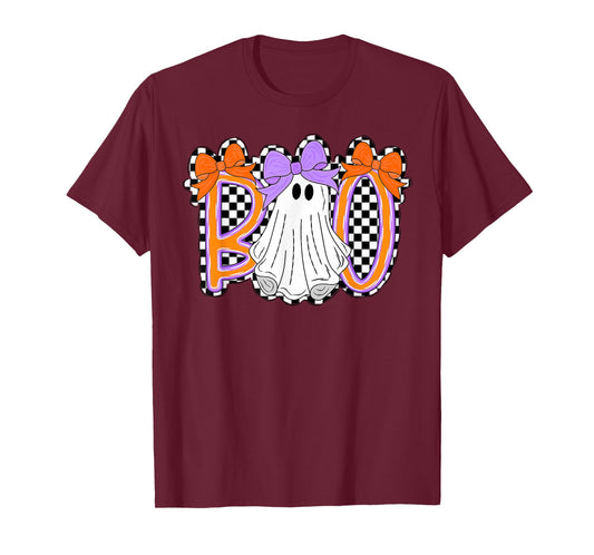 Cute Boo Ghost Coquette Bow Checkered Halloween Costume Girl T-Shirt