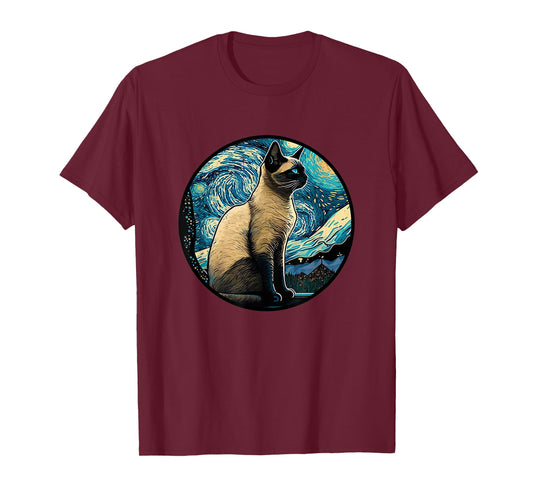 Siamese Cat in Starry Night Painting Men Women Kids T-Shirt