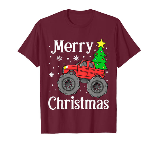 Kids Boys Monster Truck Merry Christmas Tree Snowflakes Toddler T-Shirt