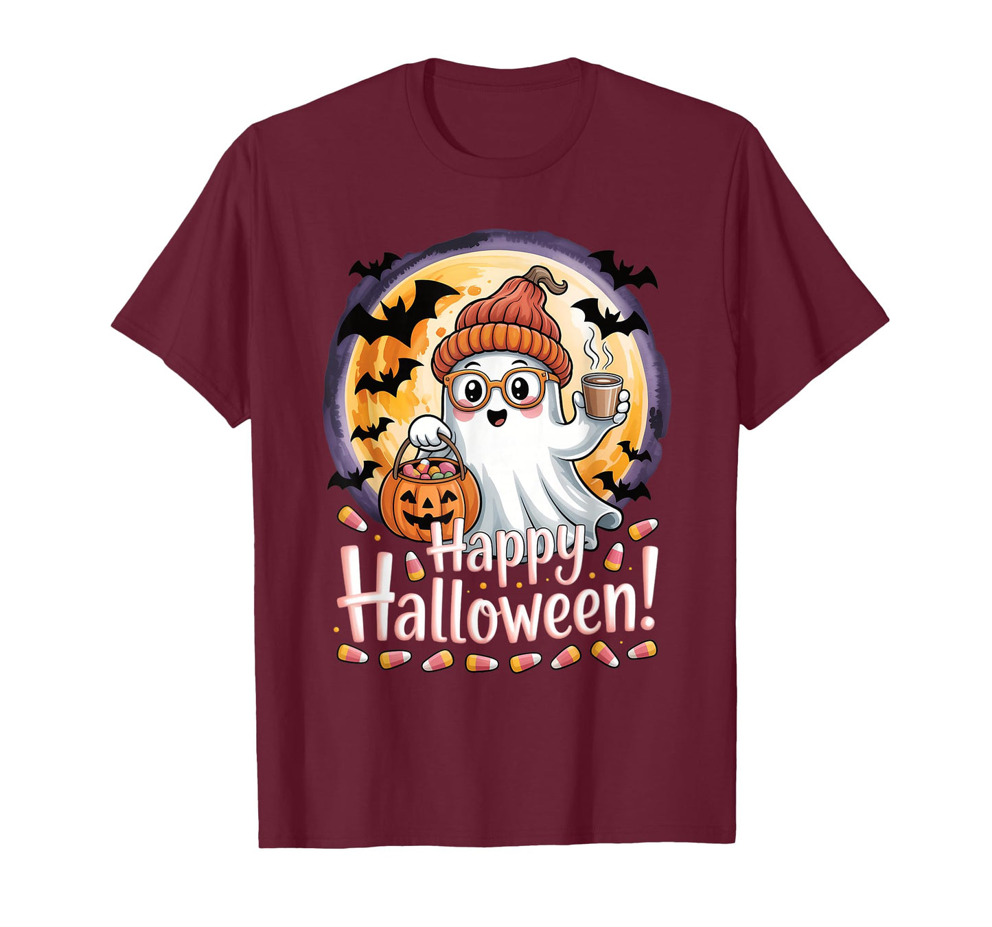 Halloween Cute Ghost Pumpkin Bats Moon Girls Kids Women T-Shirt