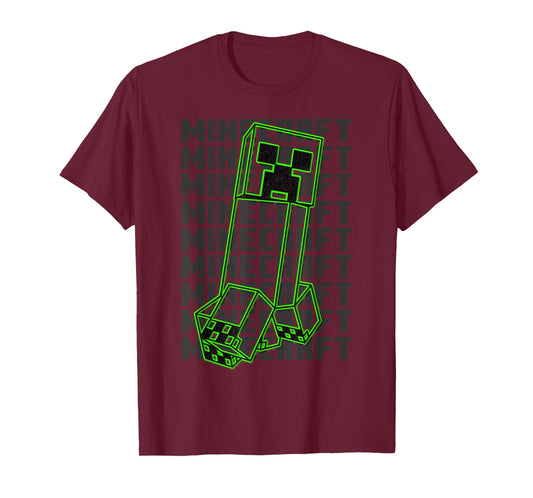 Minecraft Neon Creeper With Repeating Logo Background T-Shirt
