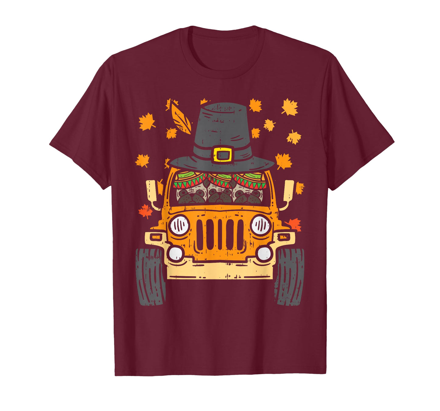 Pilgrim Monster Truck Pugs Thanksgiving Fall Autumn Gift T-Shirt