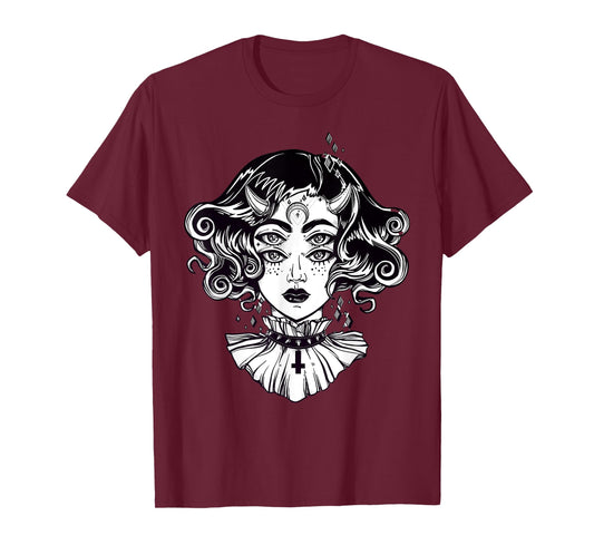 Horned Devil Girl Tshirt - Satanic Halloween Glitch Goth Tee T-Shirt