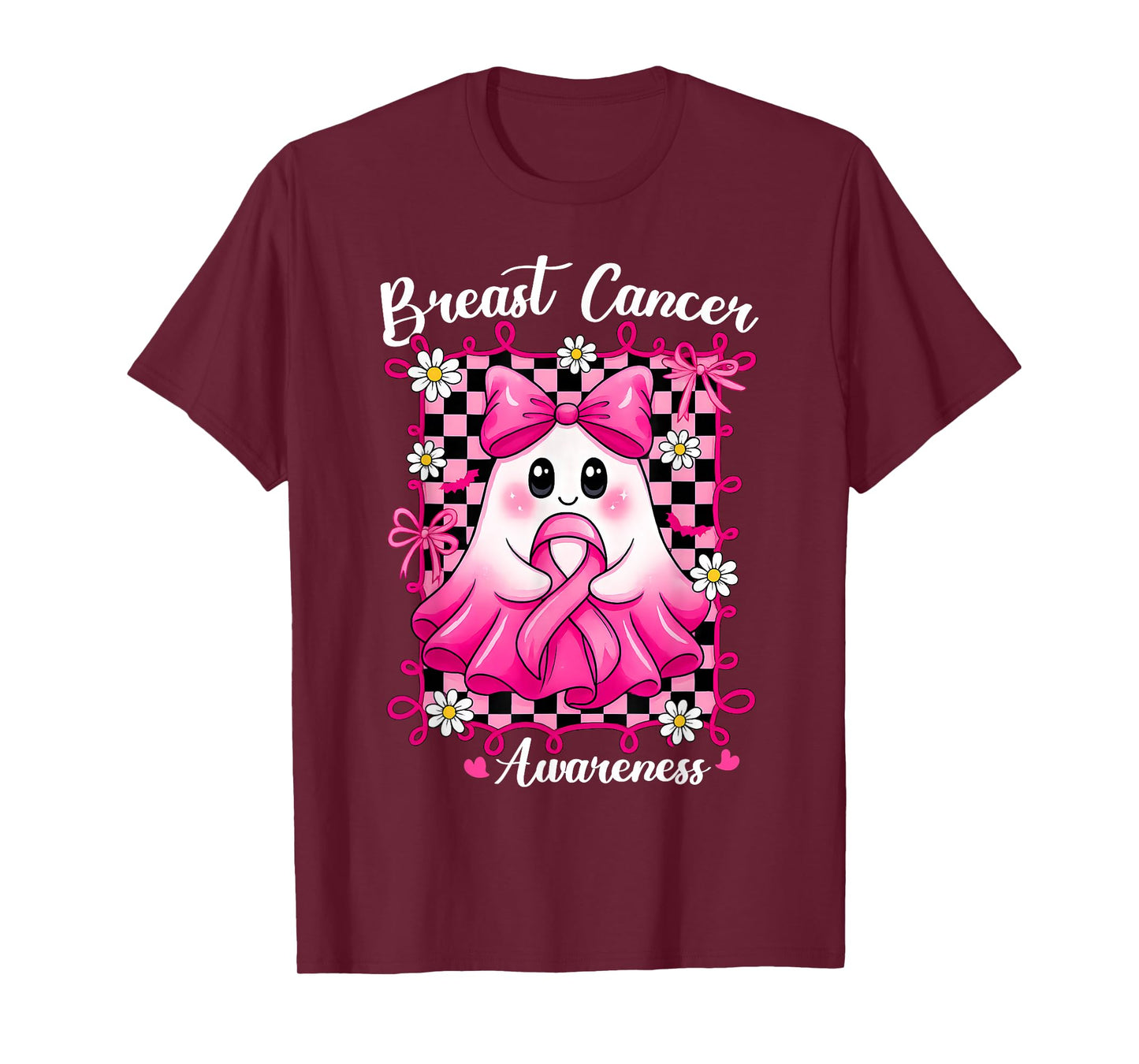 Breast Cancer Pink Ribbon Halloween Ghost Coquette Bow T-Shirt