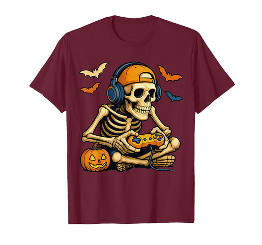 Spooky Skeleton Playing Video Games, Halloween Day Gamer T-Shirt