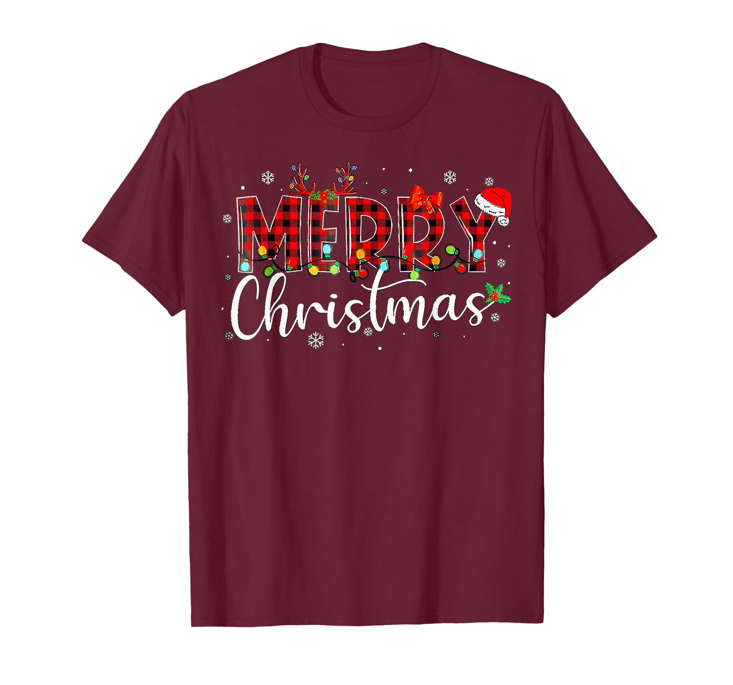 Merry Christmas Buffalo Plaid Red Santa Hat Xmas Pajamas T-Shirt