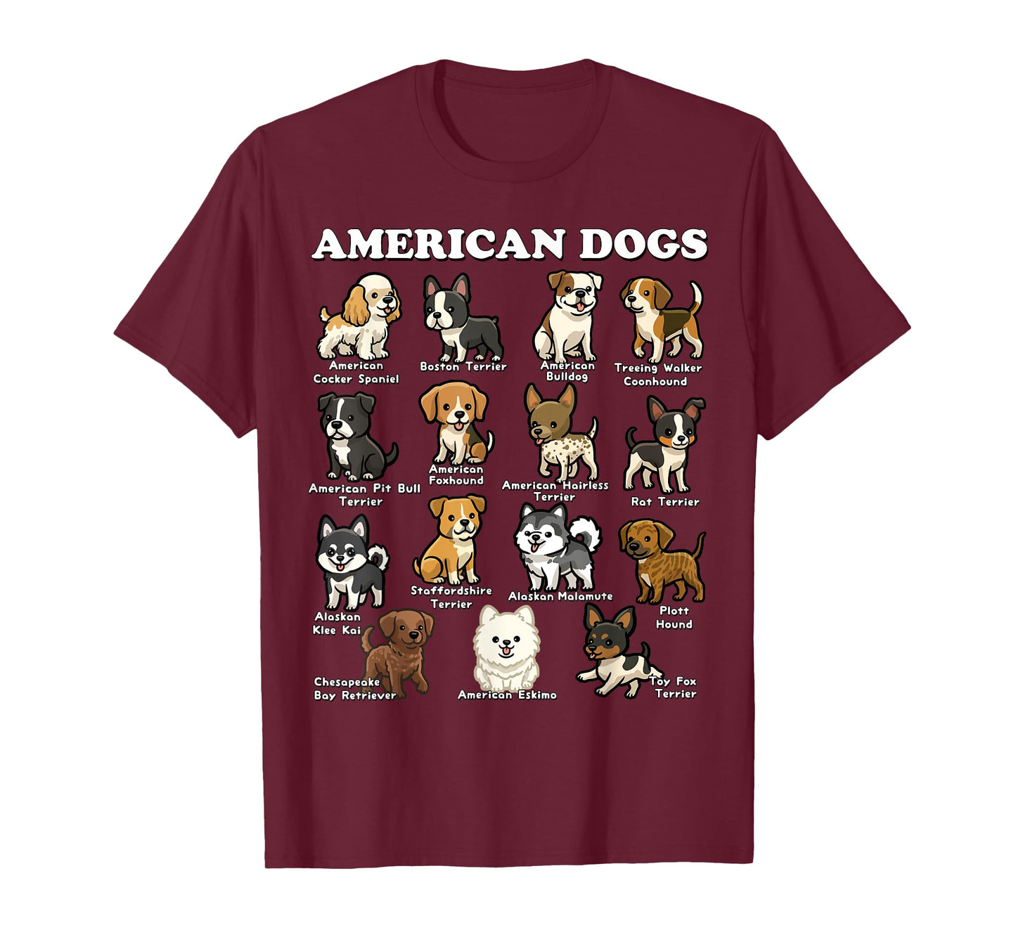 American Dog Breeds Cartoon Kawaii USA Dogs Lover T-Shirt
