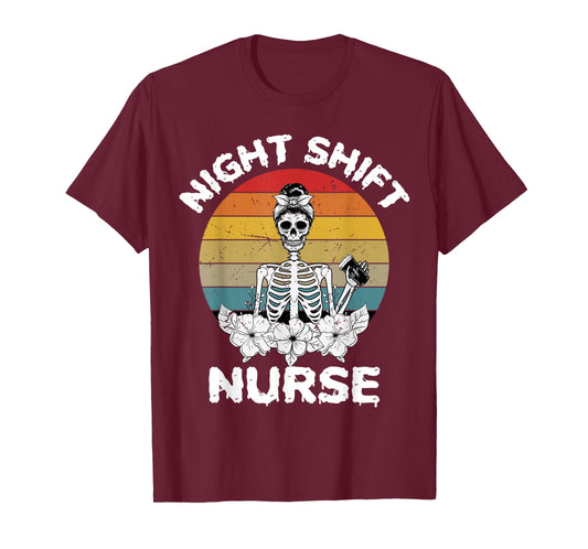 Funny Night Shift Nurse Skeleton Halloween RN Nurses Women T-Shirt