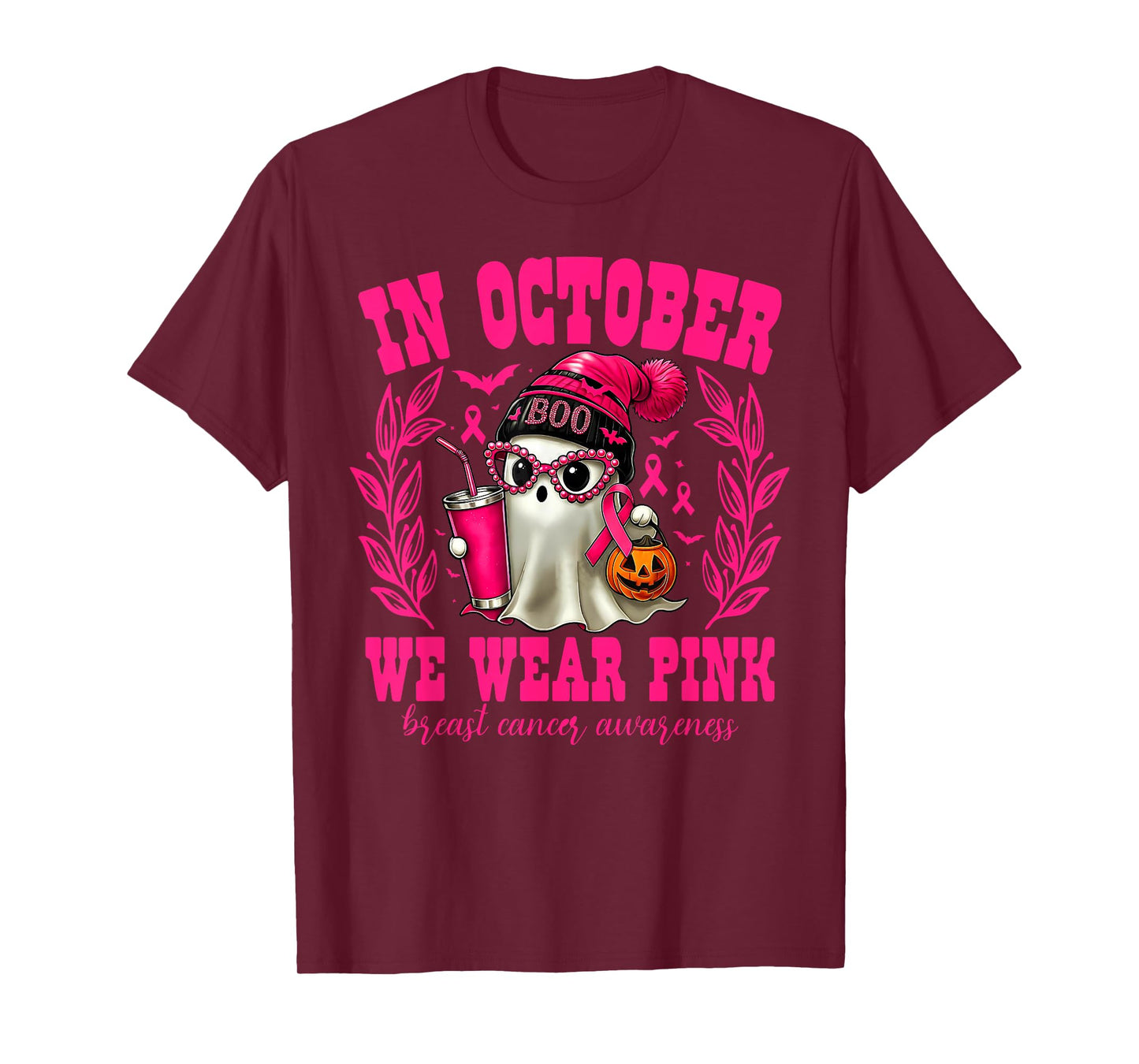 in October We Wear Pink Ghost Beanie Halloween Breast Cancer T-Shirt