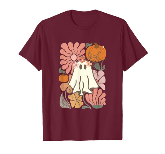 Boho Floral Fall Boho Ghost Cute Halloween for women girl T-Shirt