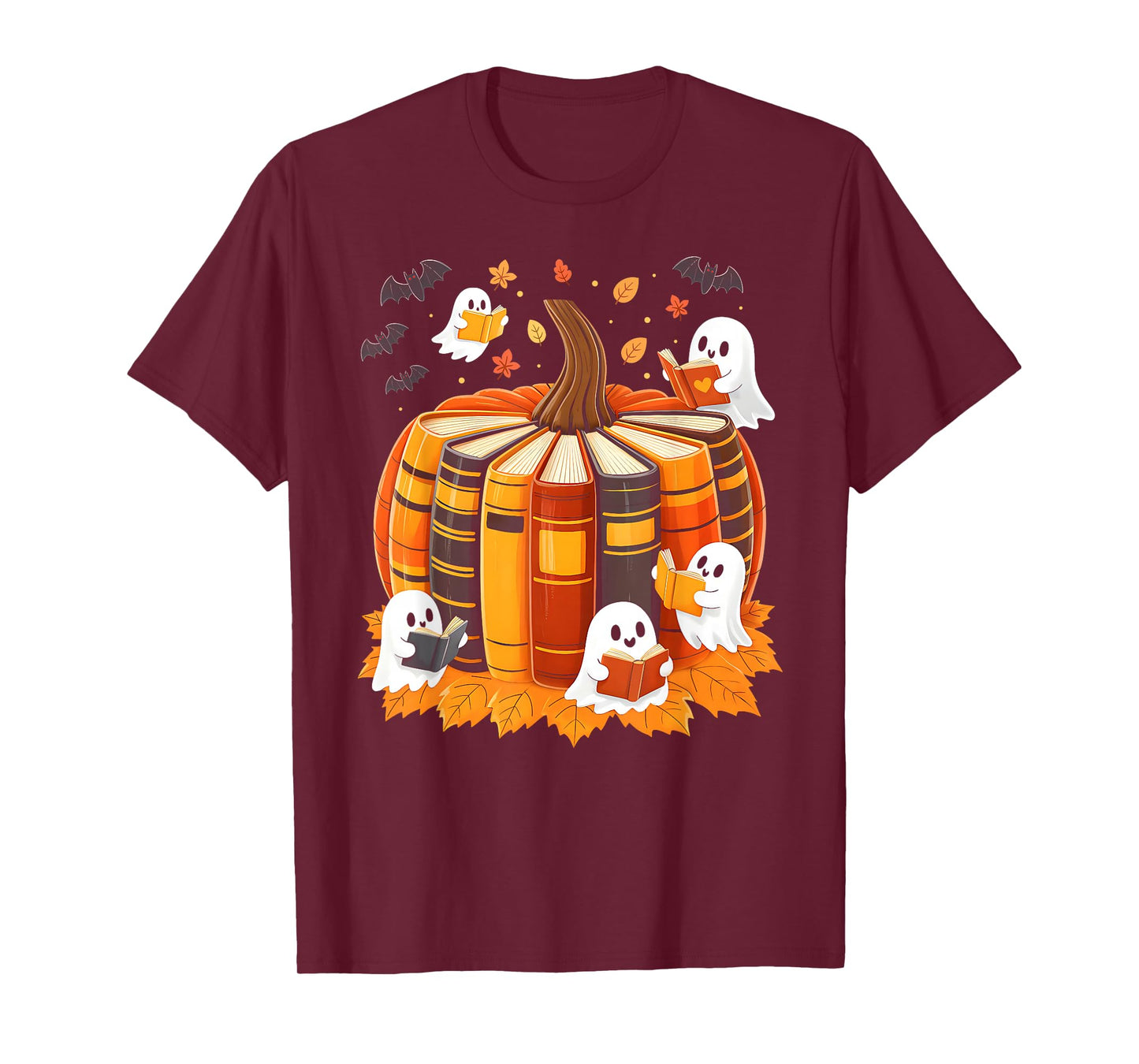 Ghost Reading Book Lovers Fall Pumpkin Autumn Halloween T-Shirt
