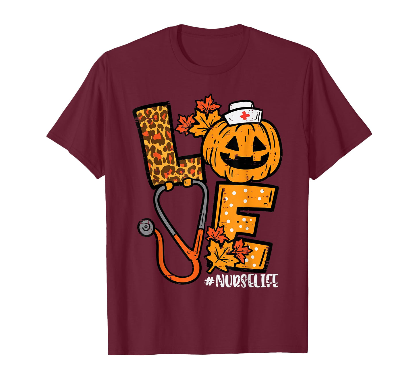 Leopard Pumpkin Nurse Halloween Costume Fall Scrub Top Women T-Shirt