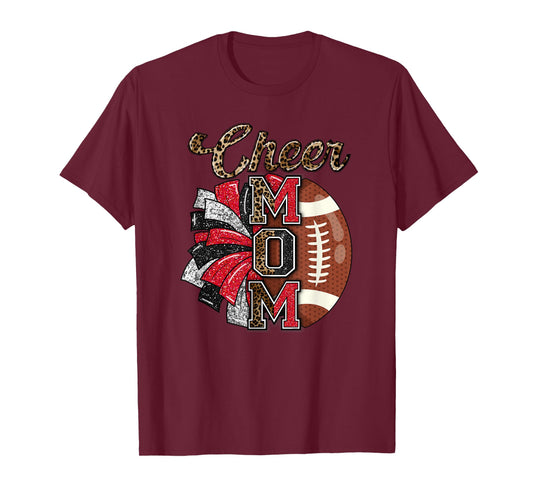 Football Cheer Mom Red Black Pom Leopard T-Shirt