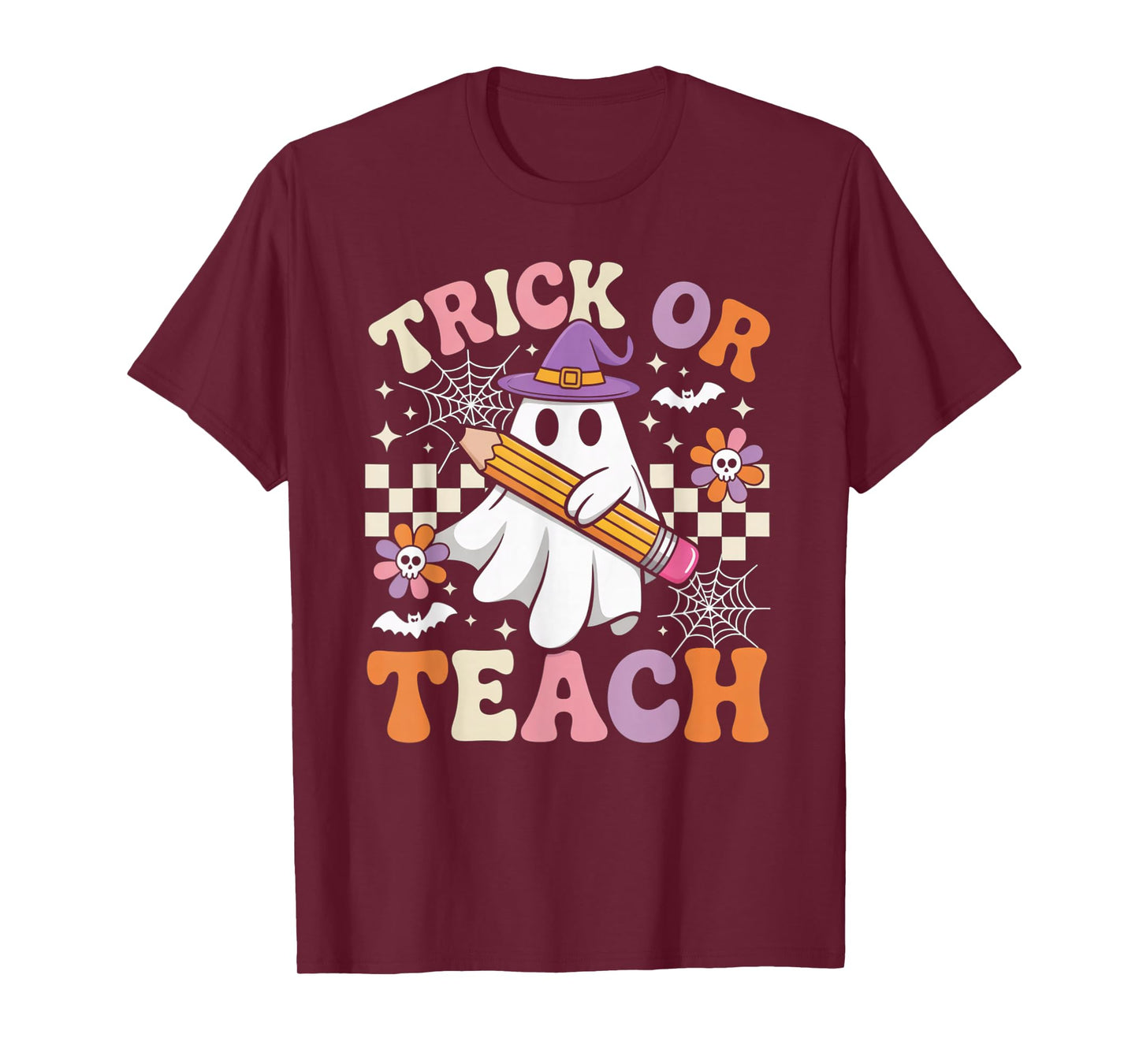 Trick Or Teach Groovy Teacher Halloween Retro Ghost Gifts T-Shirt