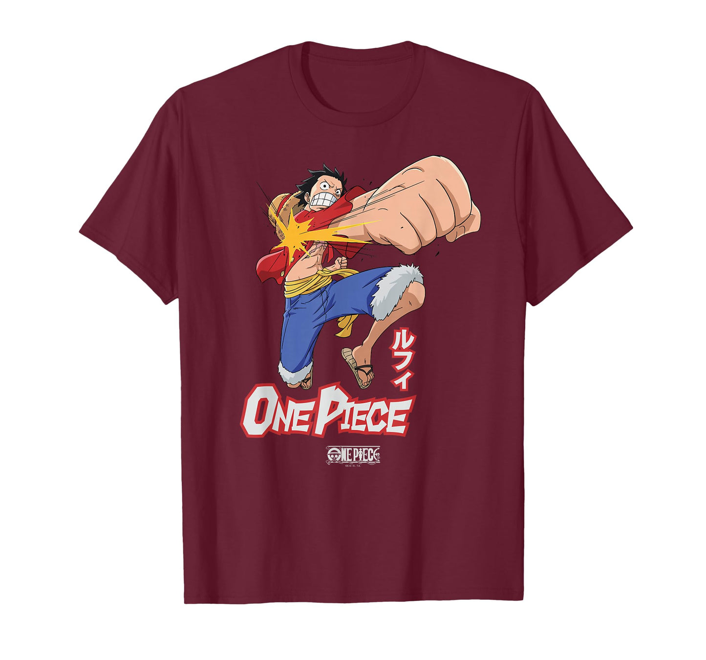 One Piece Anime Luffy Attack Pose Flying Fist with Kanji T-Shirt