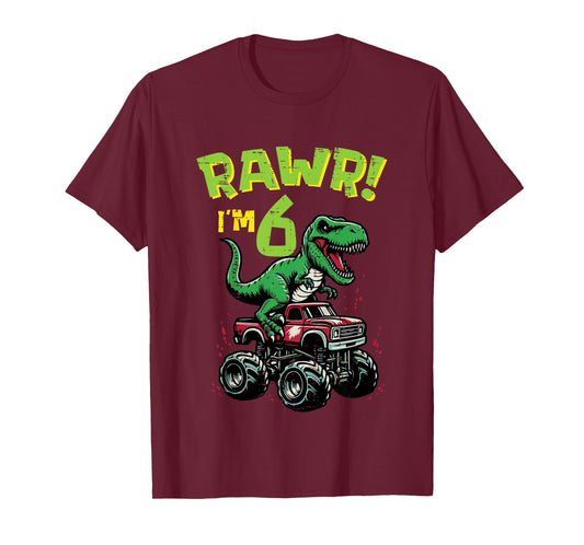 Kids Rawr Im 6 Dino On Monster Truck 6th Birthday Trex Boys Kids T-Shirt