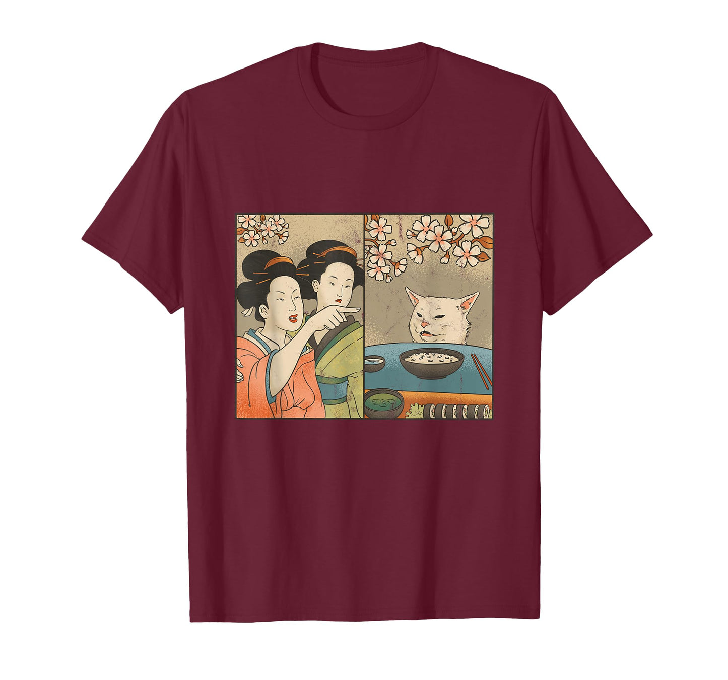 Japanese Art Cherry Blossom Cat and Sushi T-Shirt