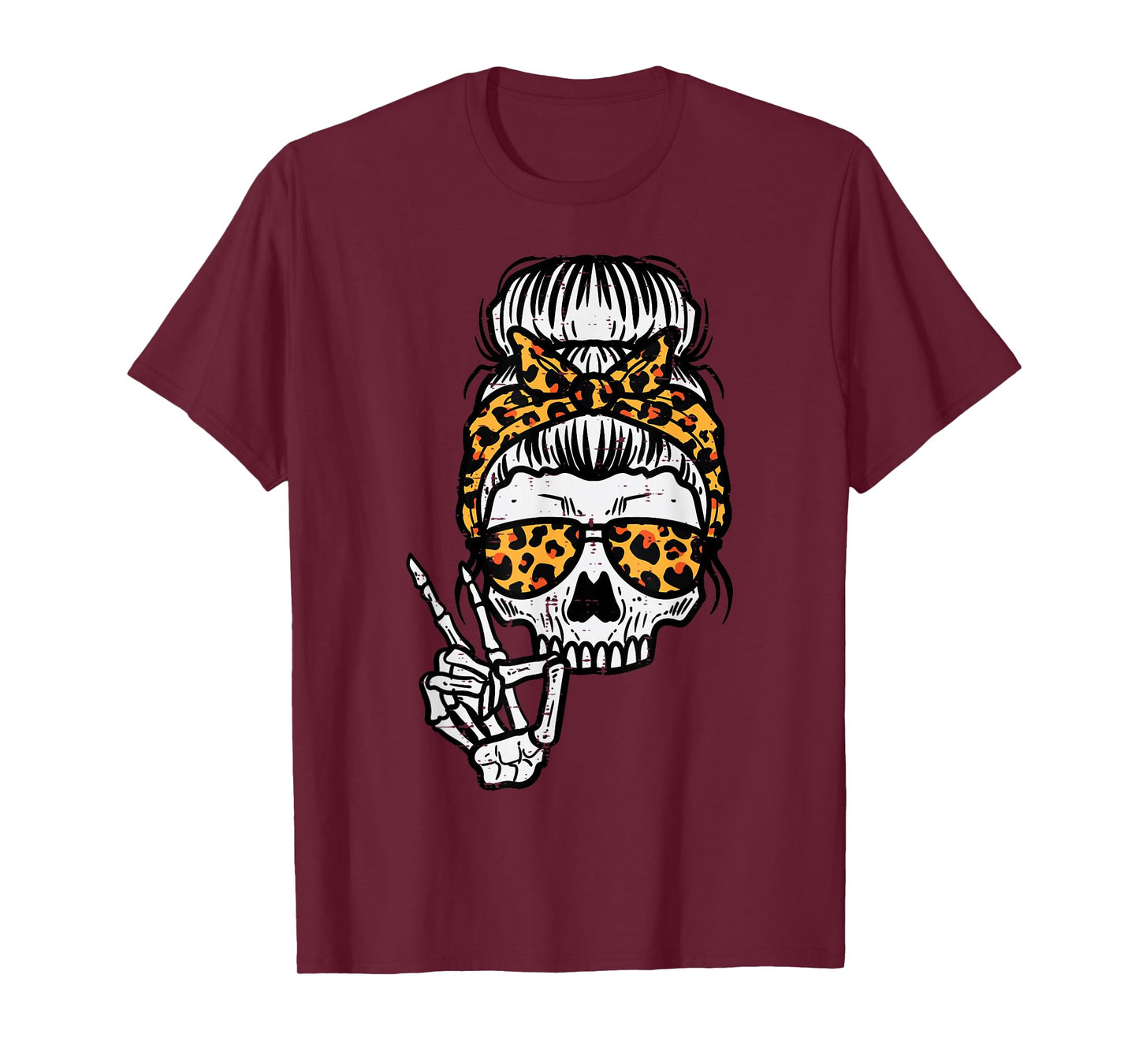 Skeleton Skull Leopard Hairbun Halloween Costume Women Mom T-Shirt