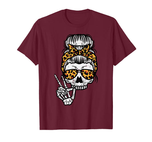 Skeleton Skull Leopard Hairbun Halloween Costume Women Mom T-Shirt