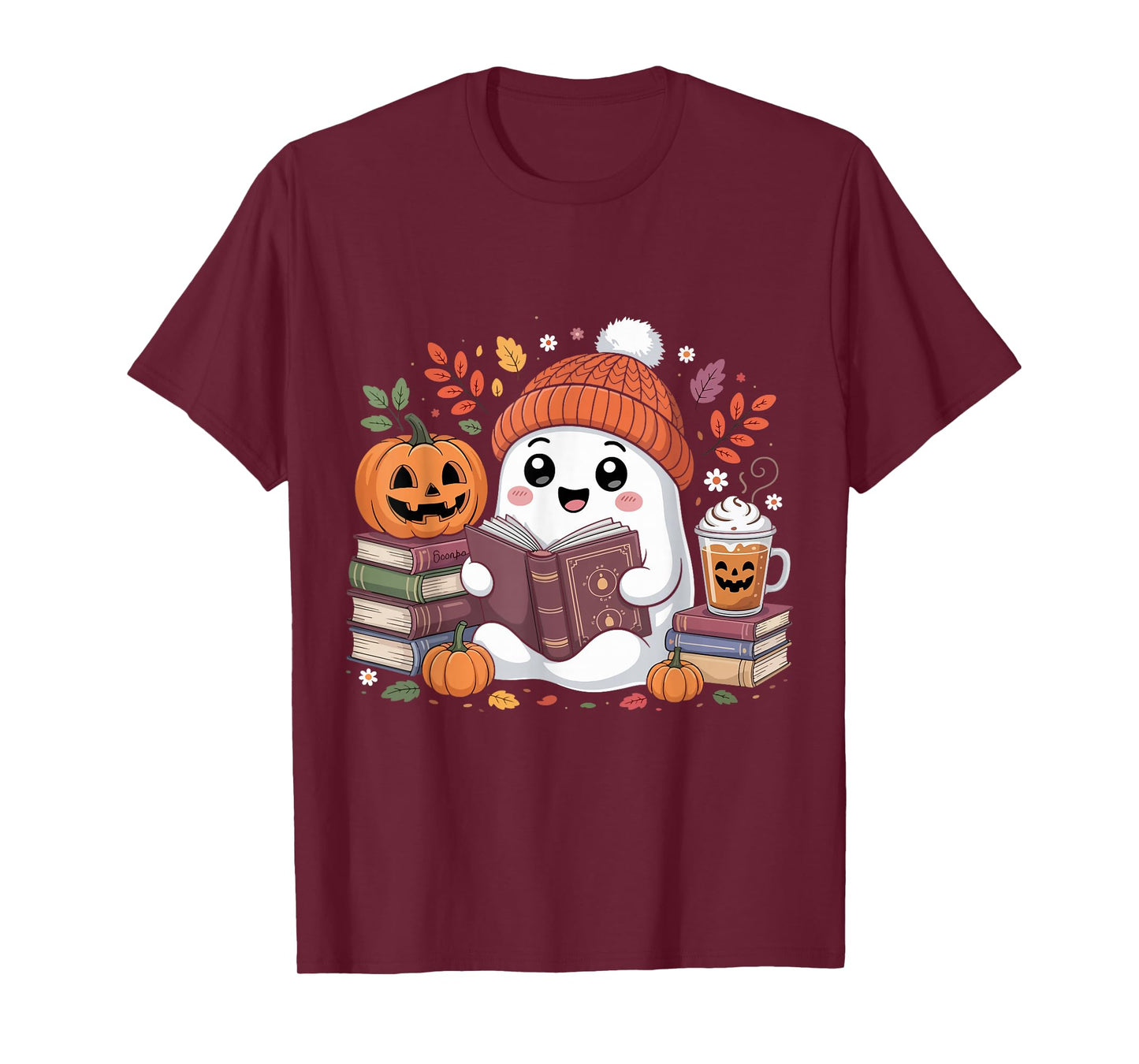 Cute Ghost Reading Book Lover Halloween Ghost Coffee Pumpkin T-Shirt