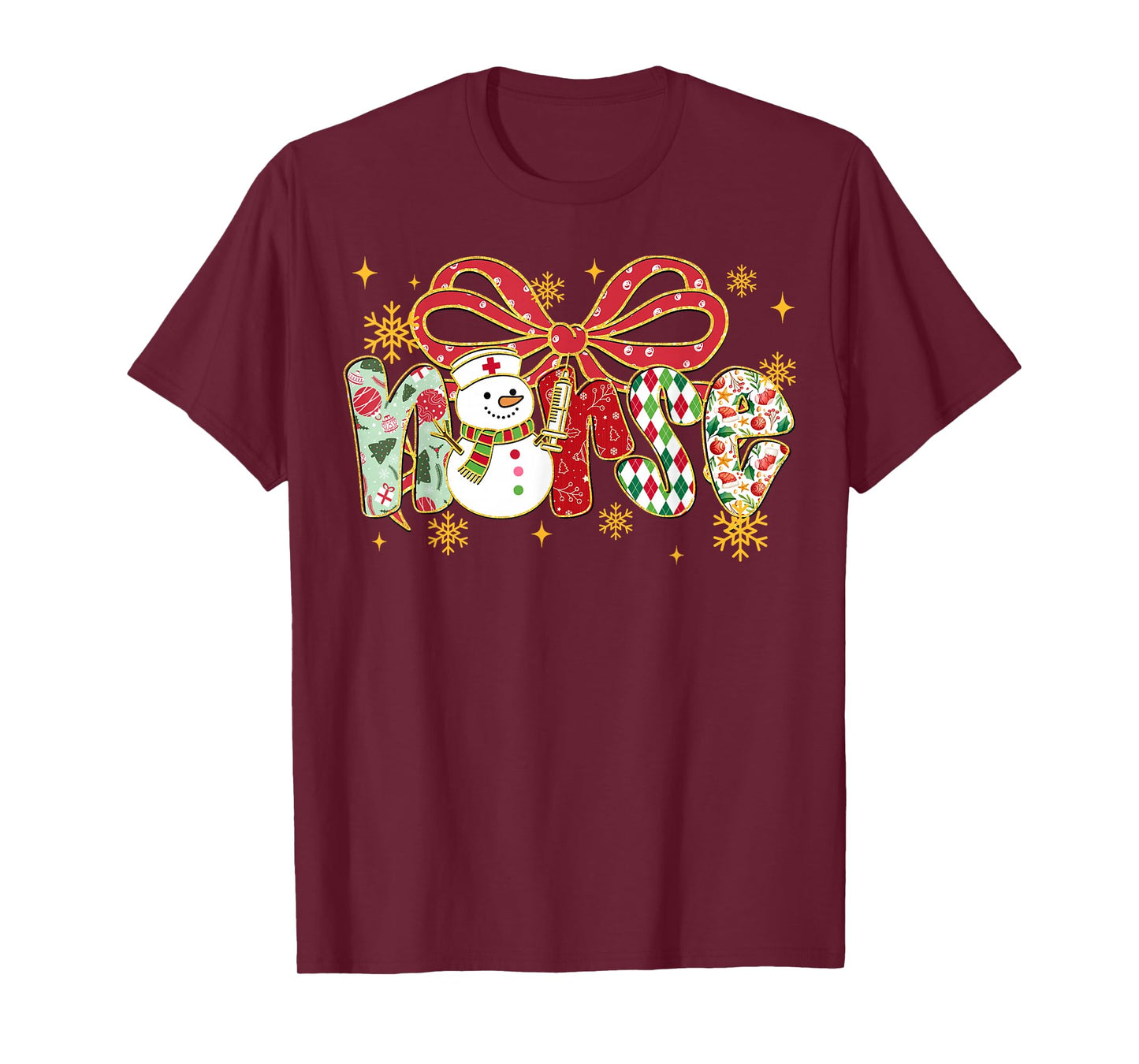 Merry Christmas Nurse Snowman Coquette Bow Scrub Top Women T-Shirt