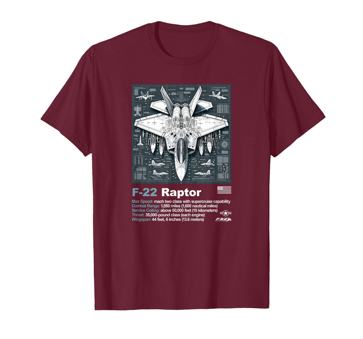 F22 Raptor Fighter Jet Blueprint Technical Drawing & Specs T-Shirt
