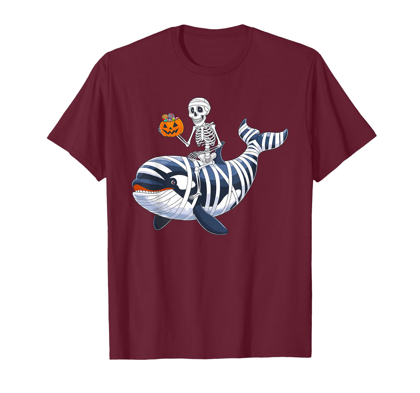 Skeleton Riding Mummy Orca Halloween Candy Whale T-Shirt