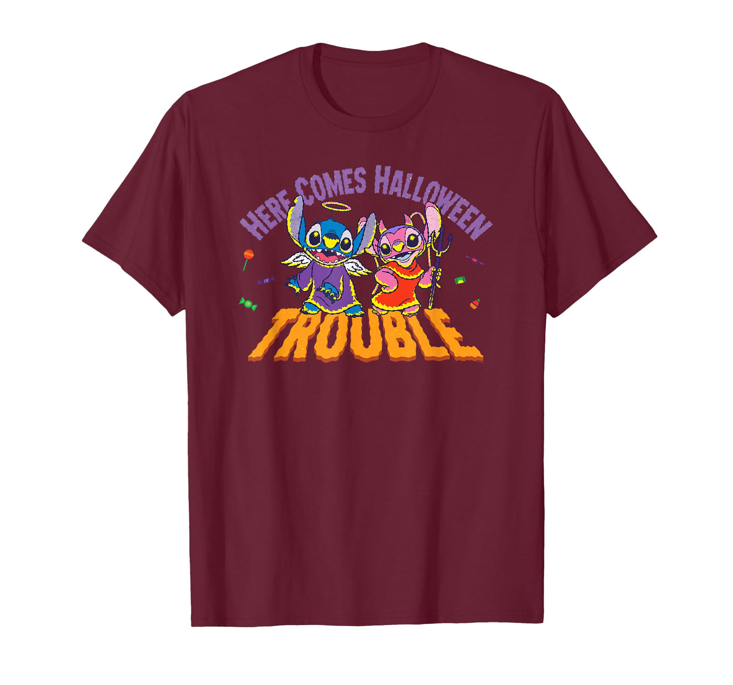 Disney Stitch & Angel Here Comes Halloween Trouble T-Shirt