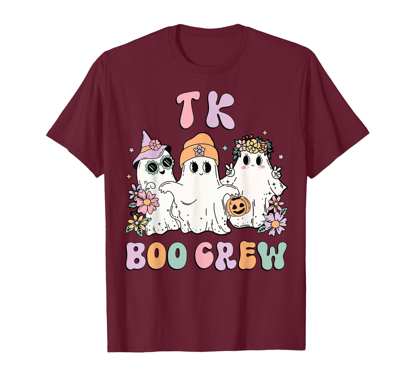 TK Boo Crew Retro Groovy Halloween Floral Ghost TK Teacher T-Shirt