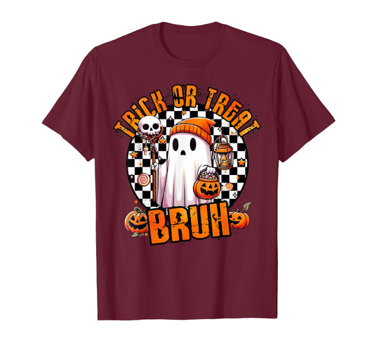 Trick Or Treat Bruh Ghost Jack O Lantern Checkered Halloween T-Shirt