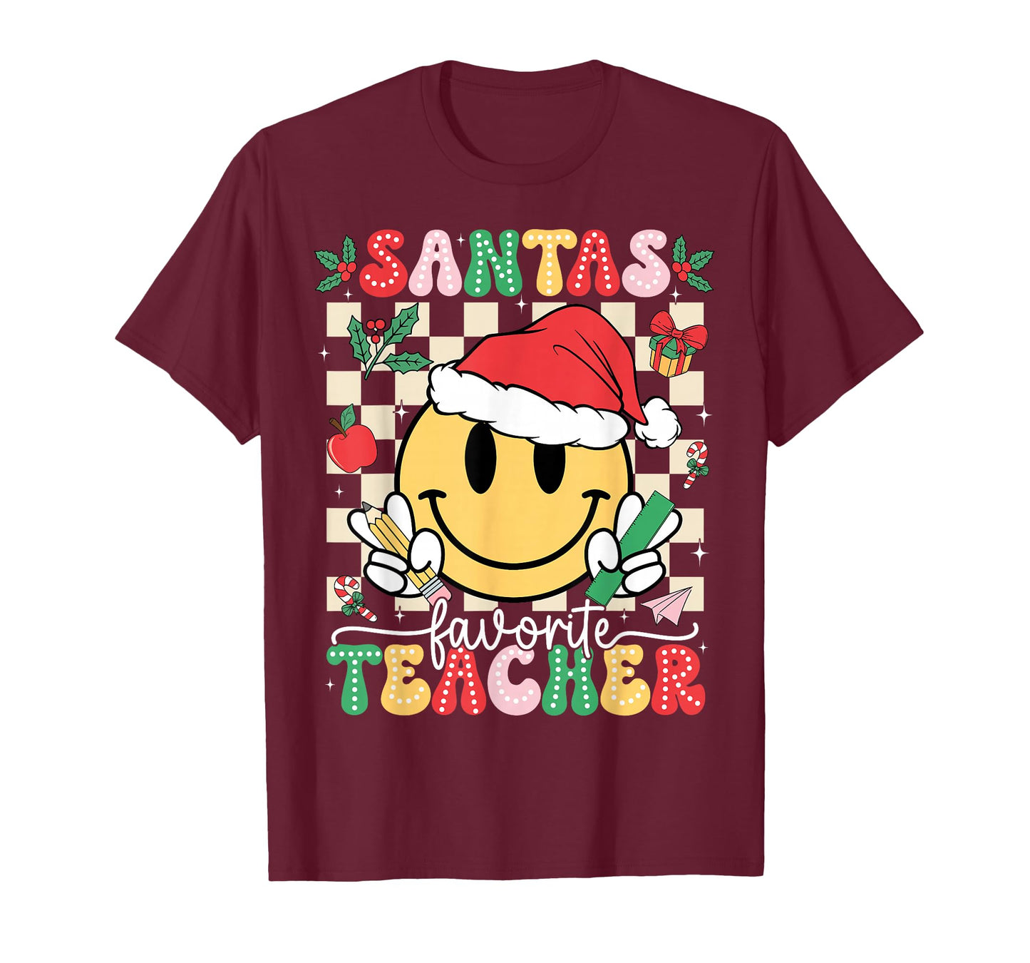 Santas Favorite Teacher Retro Groovy Smile Face Christmas T-Shirt