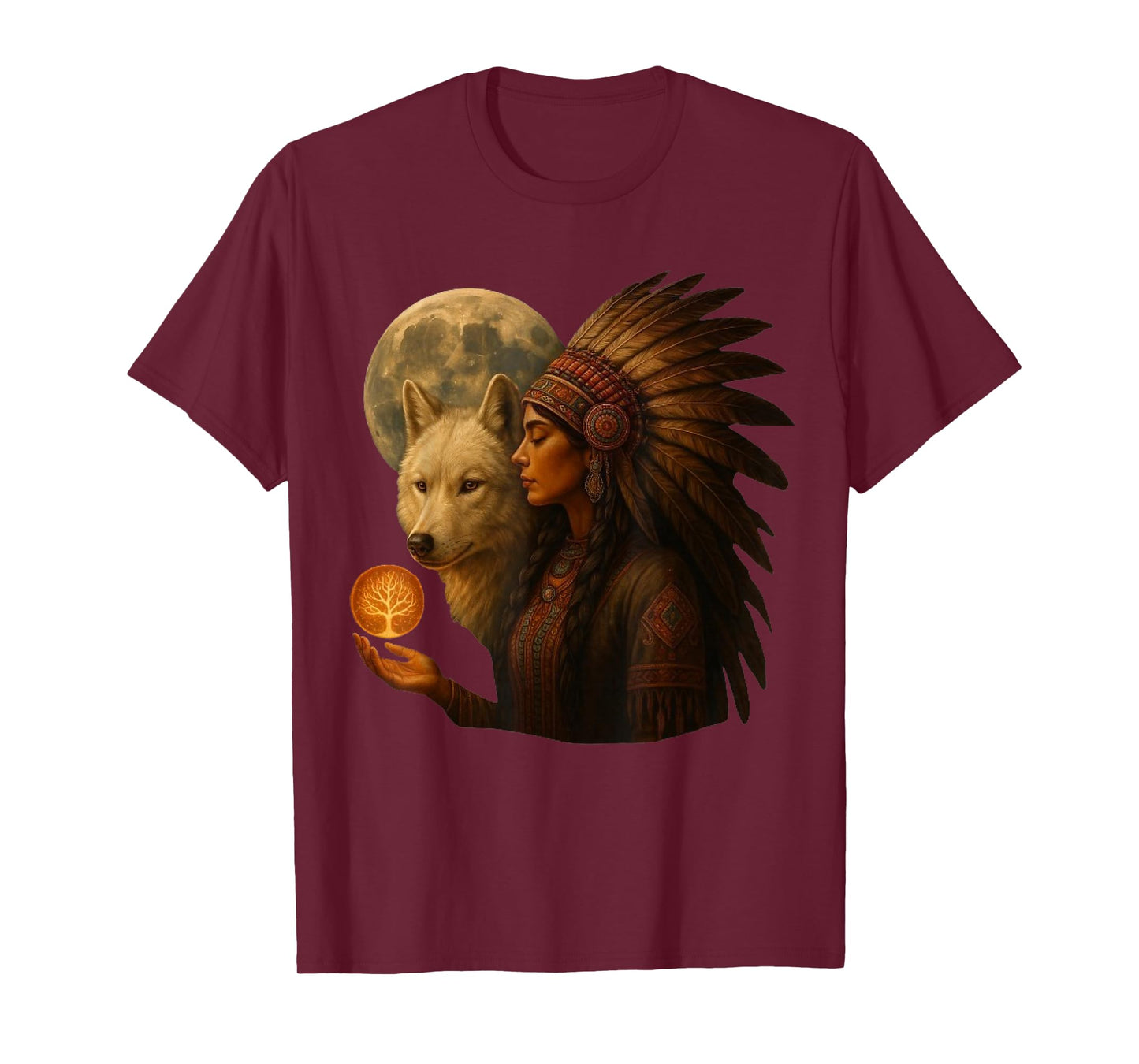 Indian Native American Woman with White Wolf Vitage Gifts T-Shirt