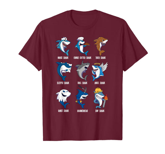 Types of Sharks Pun Ocean Marine Biology Fishing Shark Lover T-Shirt