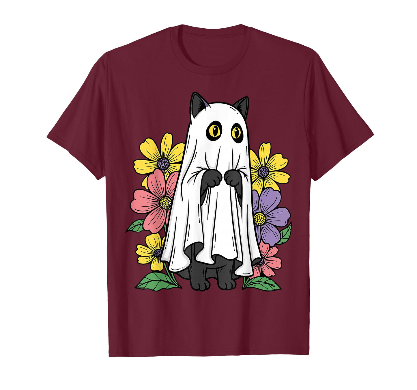 Halloween Ghost Cat Cute Black Cat Flowers T-Shirt